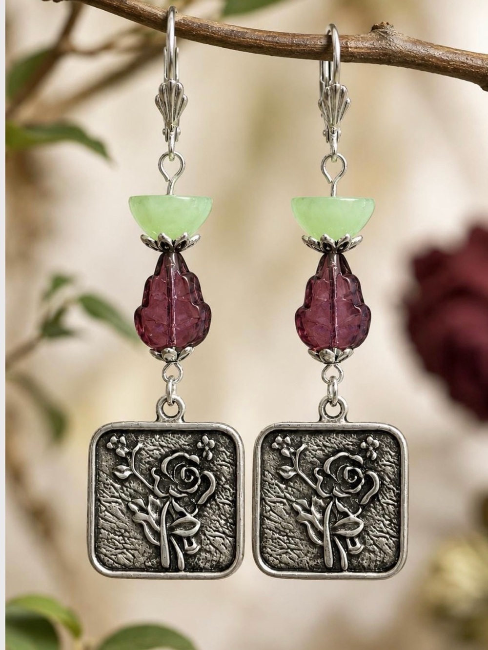 Czech Glass Purple Leaf & Silver Rose Botanical Dangle Earrings